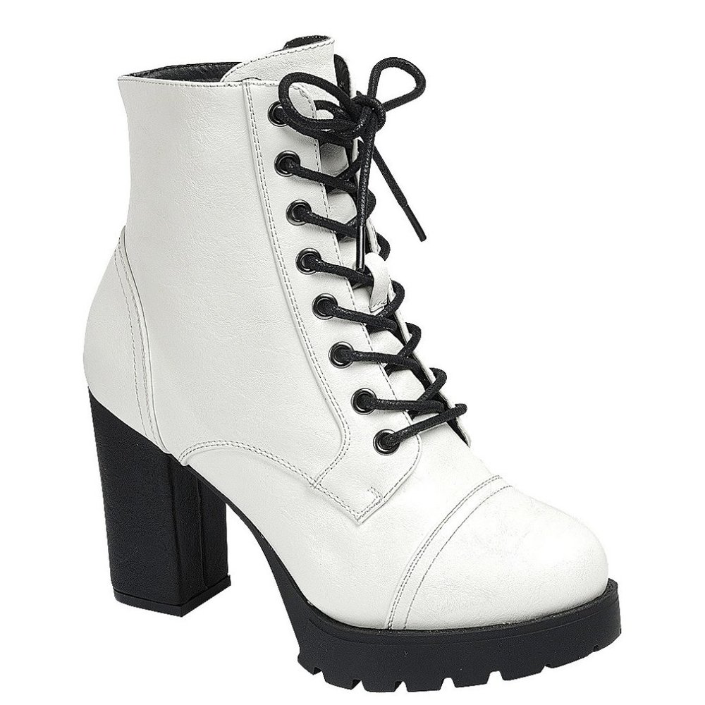 New White Lace Up Chunky Heel Combat Ankle Boots
